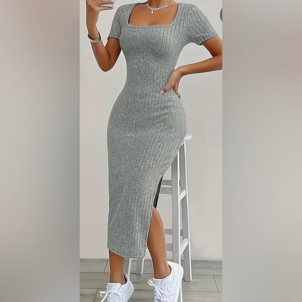 Gray Ribbed Midi Dress